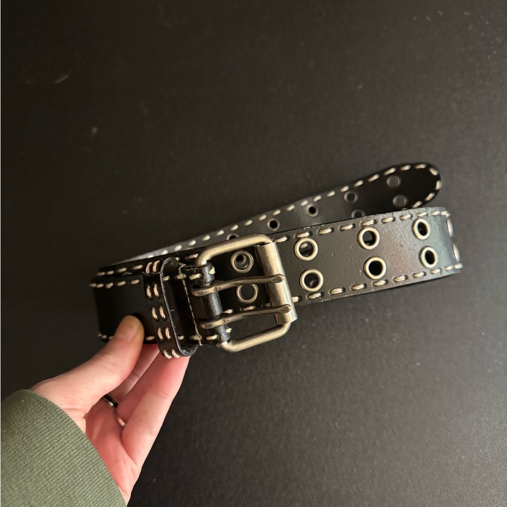 Black leather Grommet Belt with Silver Buckle